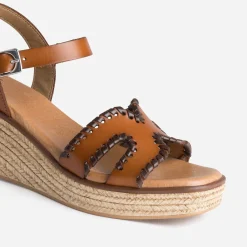 Sandale compensée cognac cuir tressé marron