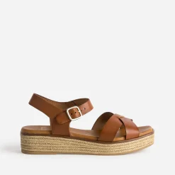 Sandale compensée cognac en cuir éco-conçu