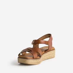 Sandale compensée cognac en cuir éco-conçu