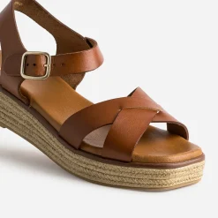 Sandale compensée cognac en cuir éco-conçu