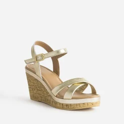 Sandale compensée dorée en cuir
