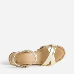 Sandale compensée dorée en cuir