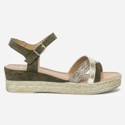 Sandale compensée kaki en cuir velours