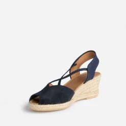 Sandale compensée marine cuir velours éco-conçu