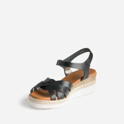 Sandale compensée noire éco-conçue en cuir