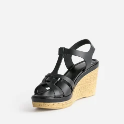 Sandale compensée noire en cuir