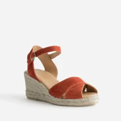 Sandale compensée orange cuir velours