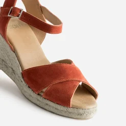 Sandale compensée orange cuir velours