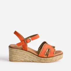 Sandale compensée orange cuir velours tressé doré