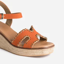 Sandale compensée orange cuir velours tressé doré
