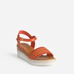 Sandale compensée orange cuir et tressage