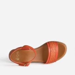Sandale compensée orange cuir et tressage