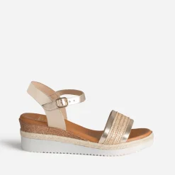 Sandale compensée orange cuir et tressage