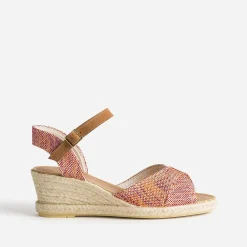 Sandale compensée prune, corail, écru en toile tressée