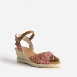 Sandale compensée prune, corail, écru en toile tressée