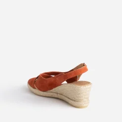 Sandale compensée terracotta en cuir velours