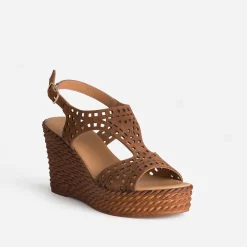 Sandale compensée TEXTO camel cuir velours