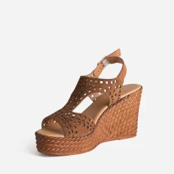 Sandale compensée TEXTO camel cuir velours