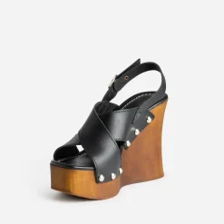 Sandale compensée TEXTO noire cuir