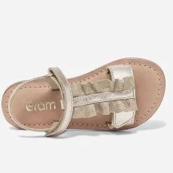 Sandale dorée en cuir à plastron volanté