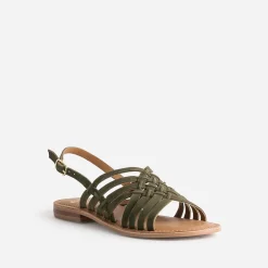 Sandale kaki en cuir velours tressé