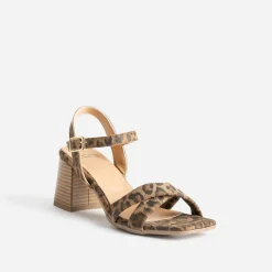 Sandale léopard cuir velours à talon