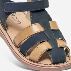 Sandale marine et camel en cuir à scratch