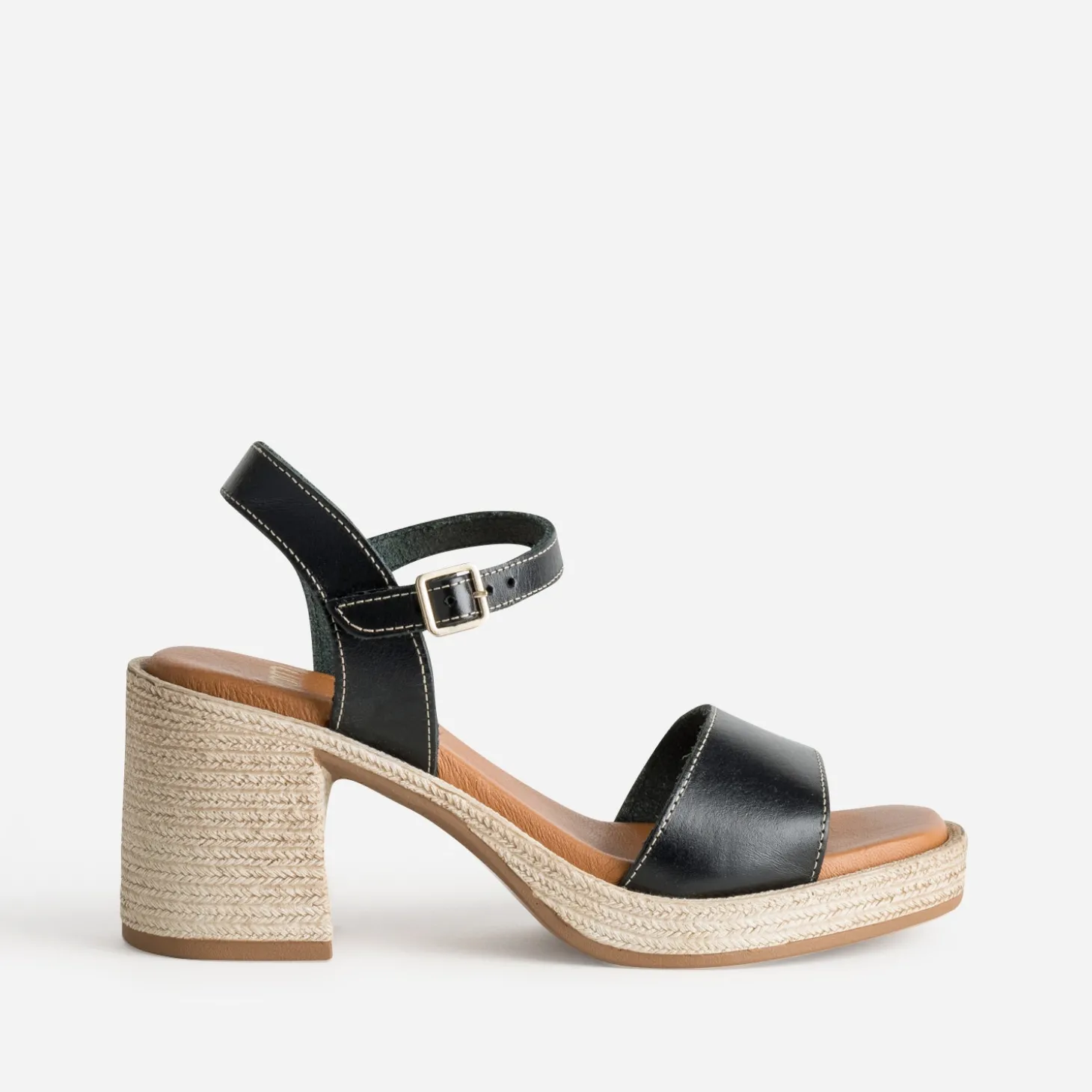 Sandale noire cuir talon effet corde