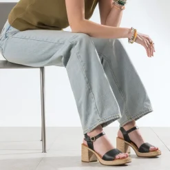 Sandale noire cuir talon effet corde