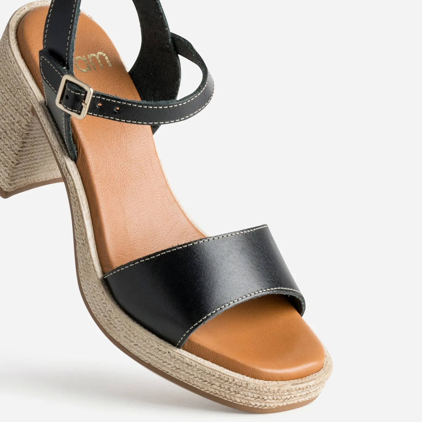 Sandale noire cuir talon effet corde