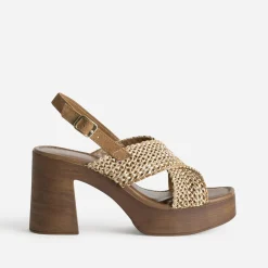 Sandale TEXTO beige tressée plateforme effet bois
