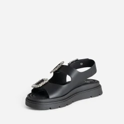 Sandale TEXTO noire cuir boucles strass