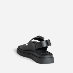 Sandale TEXTO noire cuir boucles strass
