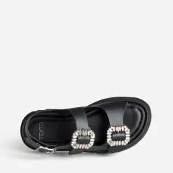 Sandale TEXTO noire cuir boucles strass