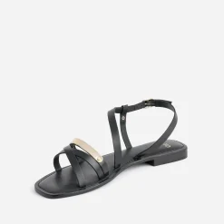 Sandale TEXTO noire en cuir barrette dorée