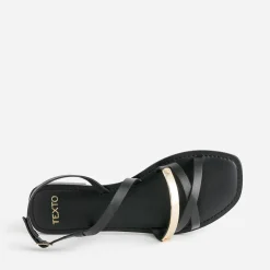 Sandale TEXTO noire en cuir barrette dorée
