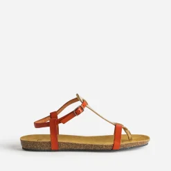 Sandale-tong anatomique rouge et doré en cuir