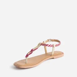 Sandale-tong TEXTO fuchsia et or en cuir à plumes