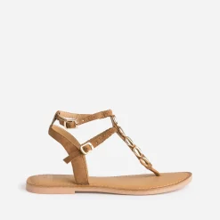 Sandale-tong TEXTO marron en cuir velours à coquillages