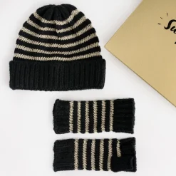 Set bonnet et mitaines noirs tricot rayé doré