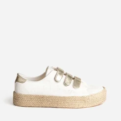 Tennis beige toile jacquard léopard scratchs dorés