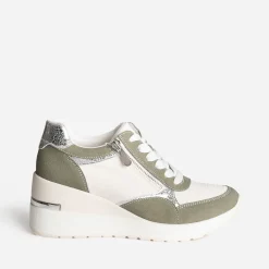 Tennis compensée kaki, blanc, argent métallisé