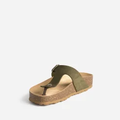 Tong anatomique kaki en cuir velours à plateforme