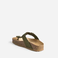 Tong anatomique kaki en cuir velours à plateforme