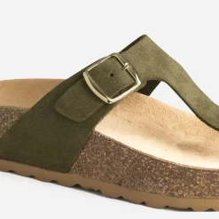 Tong anatomique kaki en cuir velours à plateforme